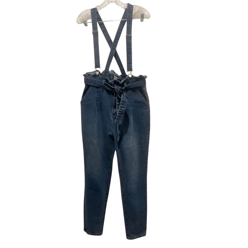 Paperbag High Waist Suspender Jeans pleated tapered leg “Denim Blvd” Womens L
